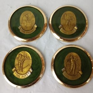 Golf Coasters Brass Medallion Set Heavy Green Marbled 4 Drive Fairway Sa…